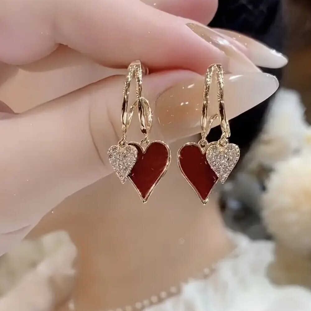 NEW chic red heart dangle earrings, layered earrings, gold and red heart jewelry